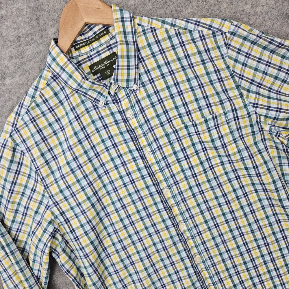 Eddie Bauer Mens Green Yellow Plaid Button Down Shirt Size LT Cotton Classic Fit